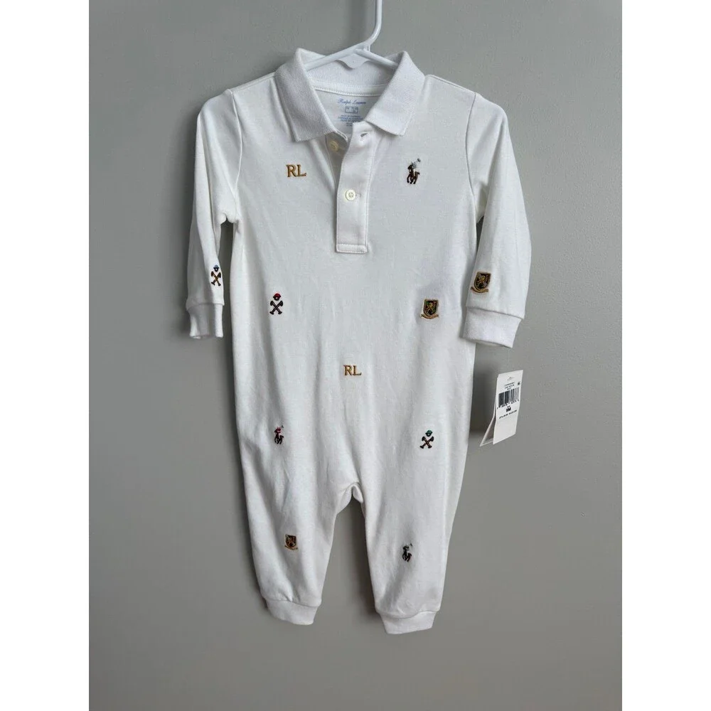 NWT Ralph Lauren Baby Boy Polo Embroidered Coverall White